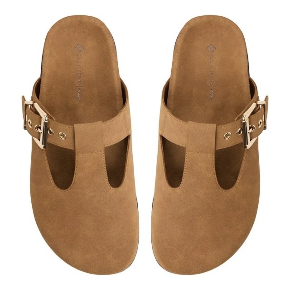 Call It Spring Vegan Leather T-Strap Clogs Brown Gold Buckle Mules Womens 10